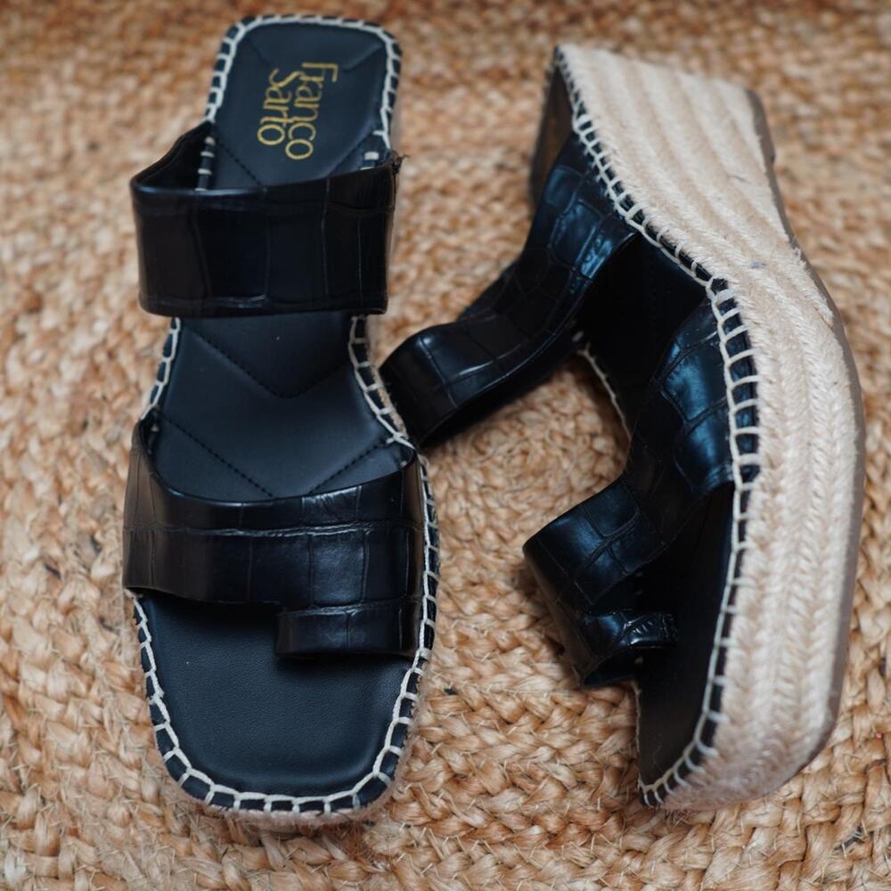 Franco Sarto Black Leather Espadrille Wedges 9.5